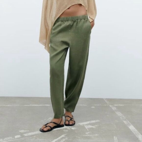 ZARA Women's Linen Olive Green Trousers Pants Size medium - Picture 2 of 11